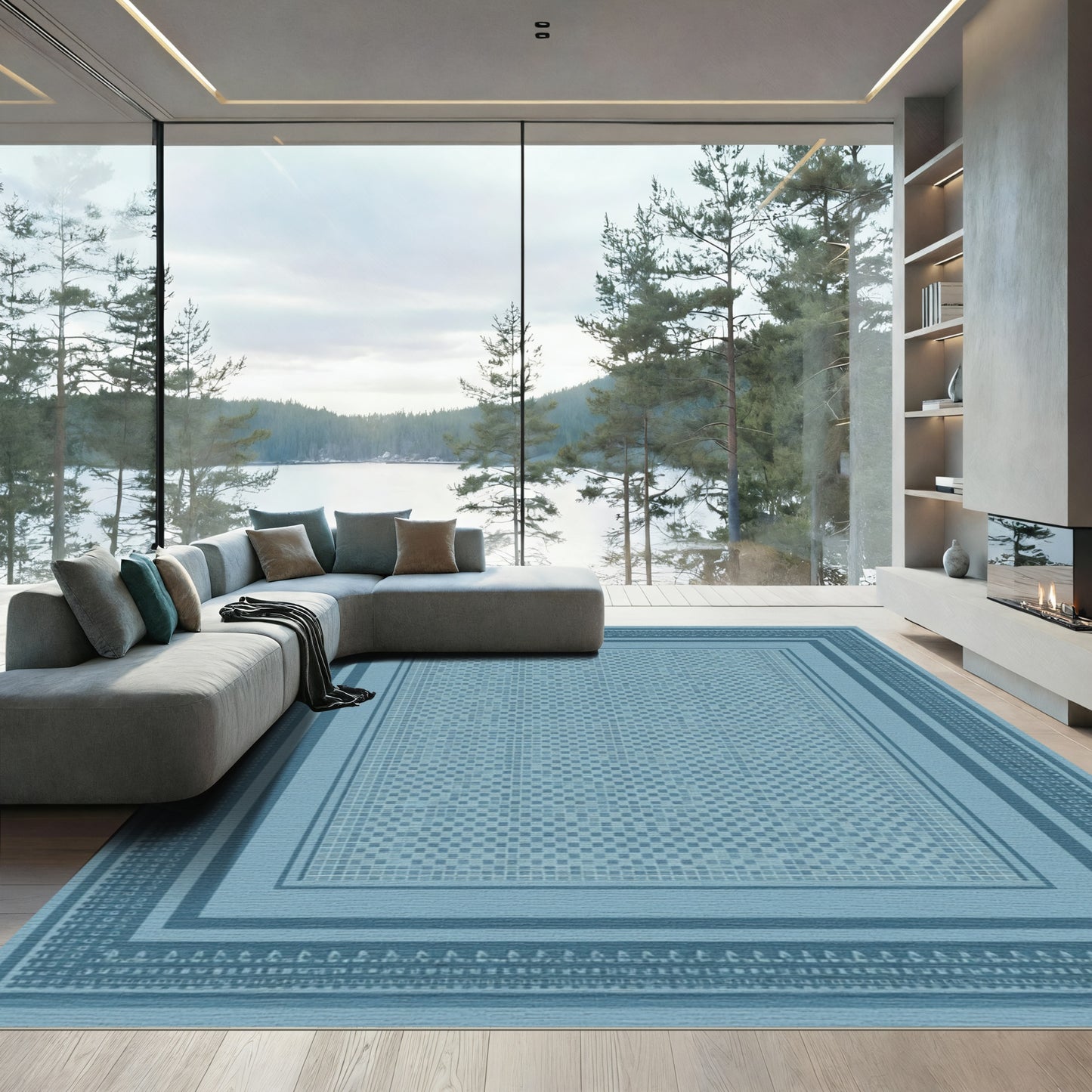 Blue Tonal Square Mosaic Border Rug