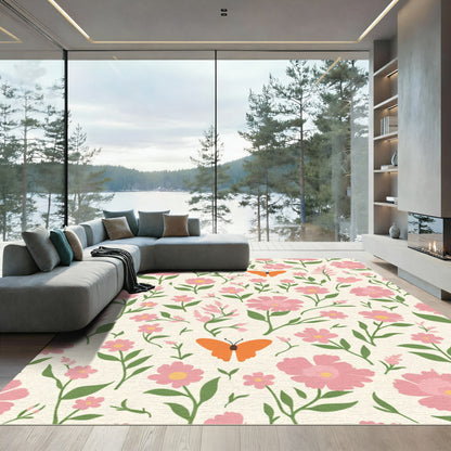 Pink Floral Whimsical Butterfly Garden Rug