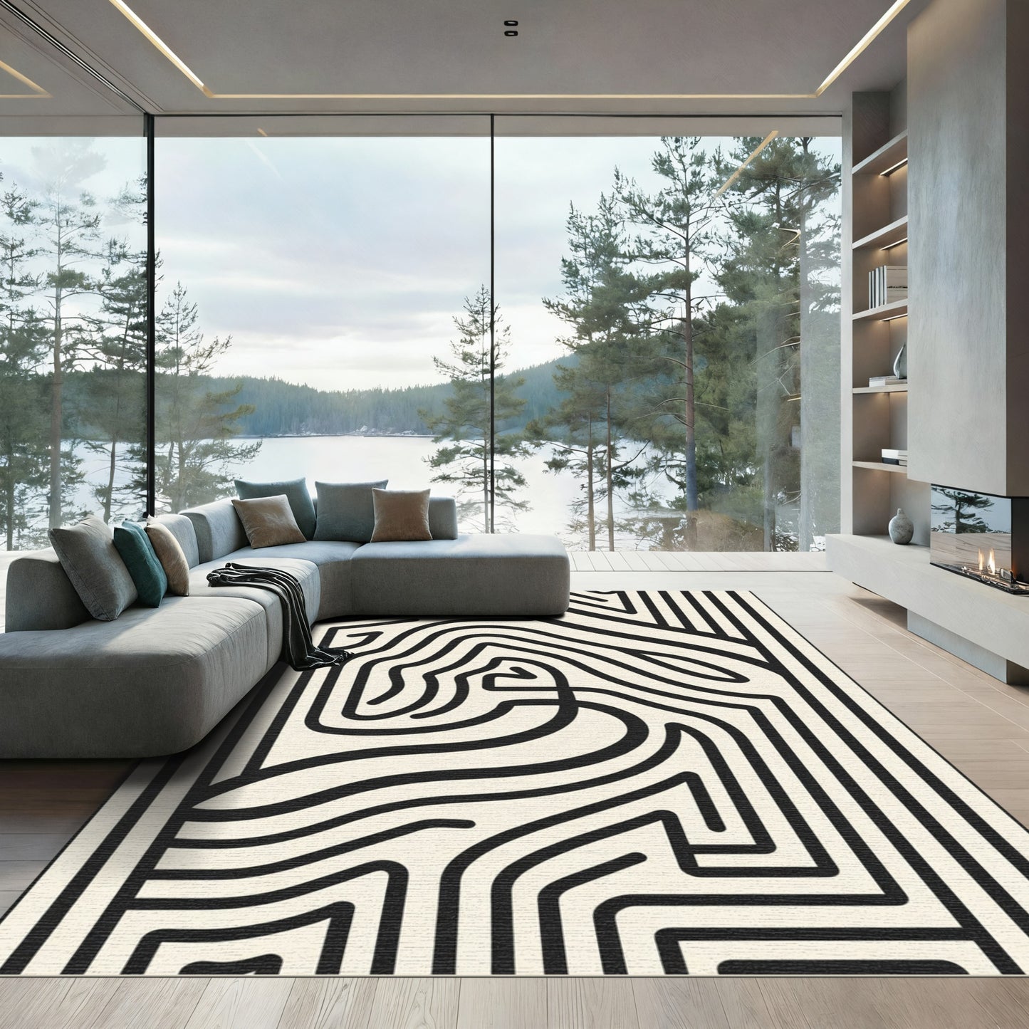 Black Cream Abstract Line Maze Rug