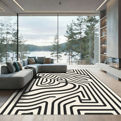 Black Cream Abstract Line Maze Rug