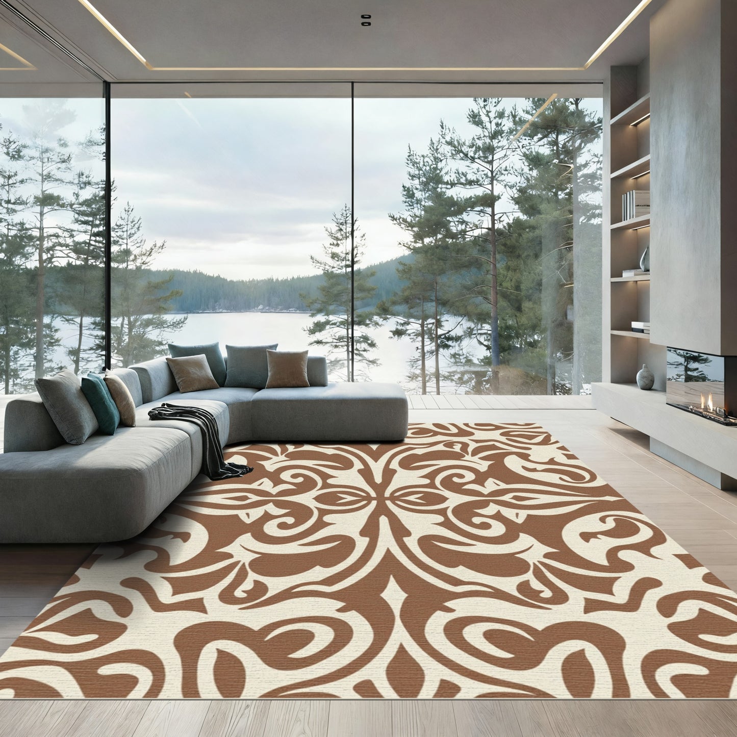 Brown And Cream Damask Scroll Rug