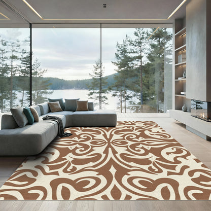 Brown And Cream Damask Scroll Rug