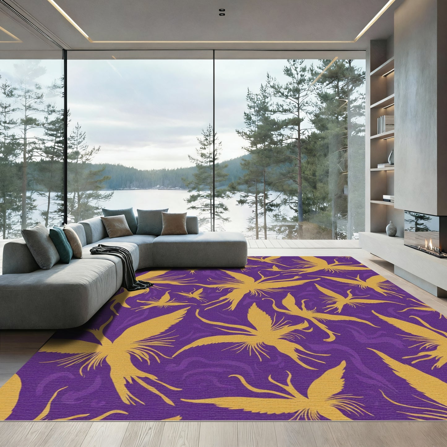 Golden Orchid Purple Abstract Floral Rug