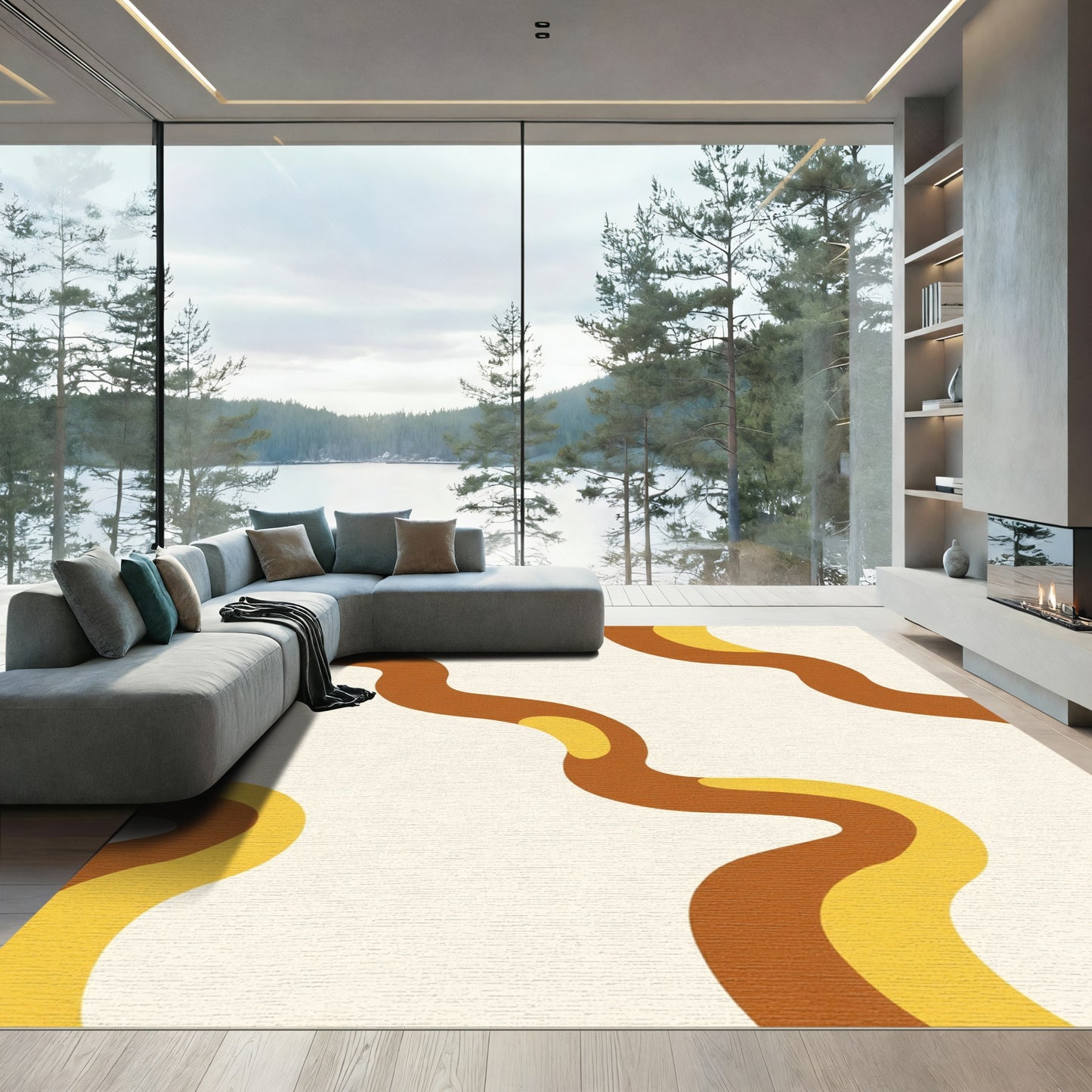 Earthy Brown Yellow Wavy Stripe Rug