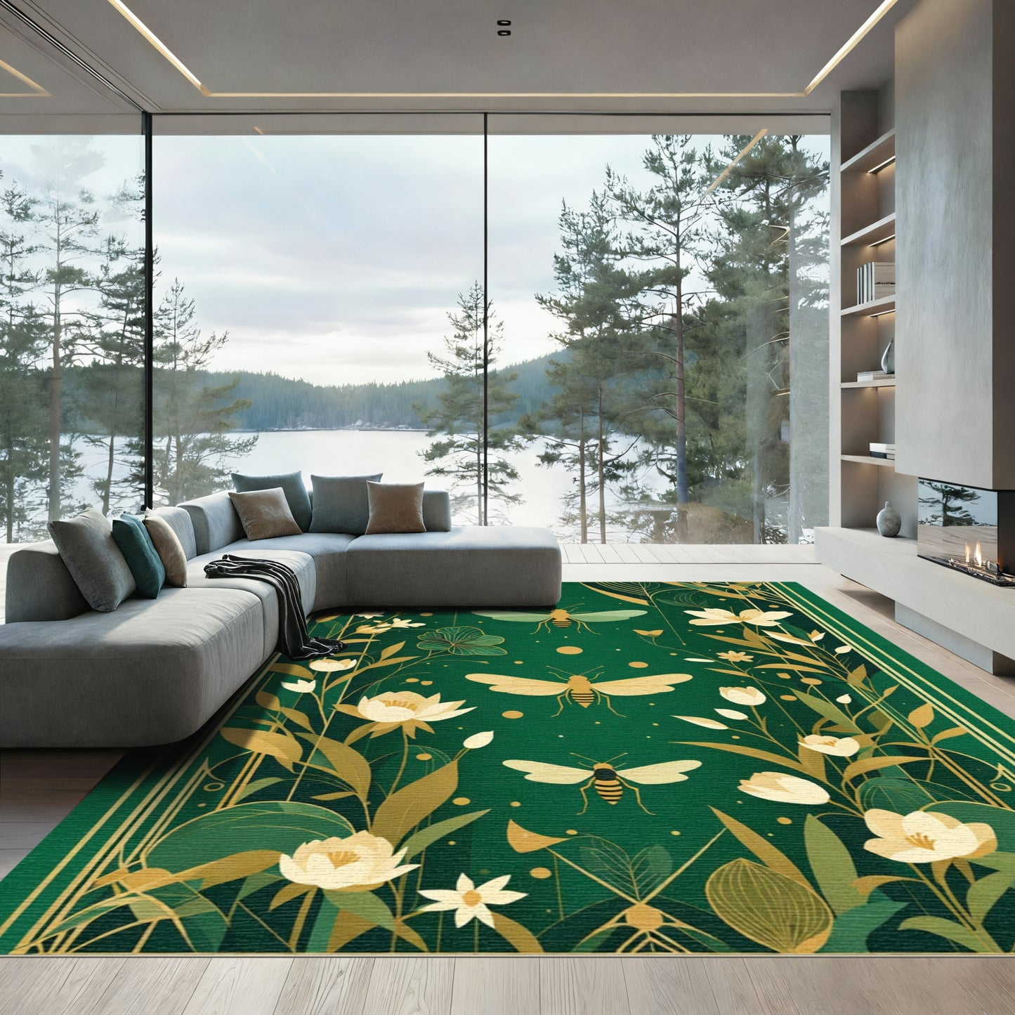 Emerald Green Gold Botanical Bee Rug