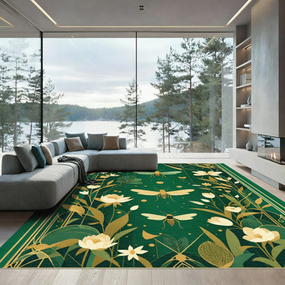 Emerald Green Gold Botanical Bee Rug