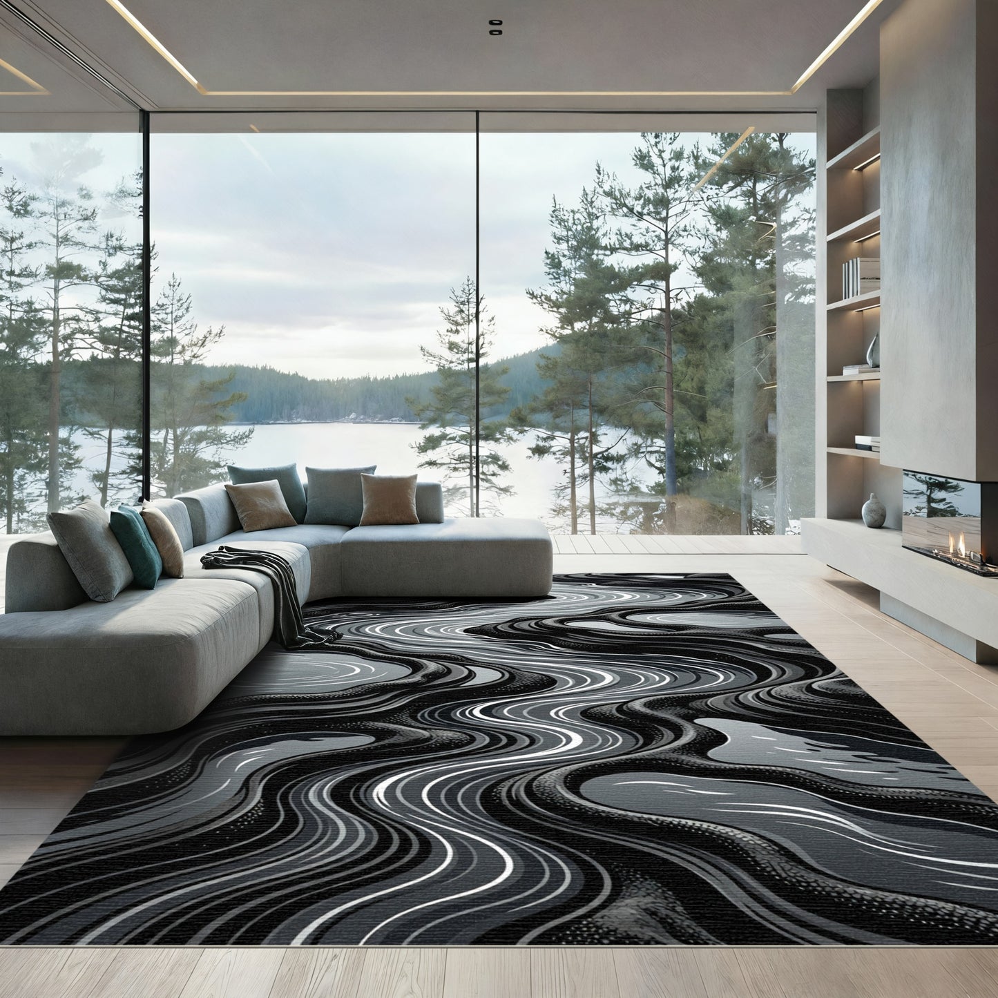 Monochrome Wavy River Landscape Rug
