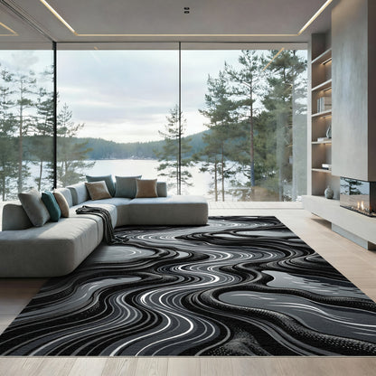 Monochrome Wavy River Landscape Rug