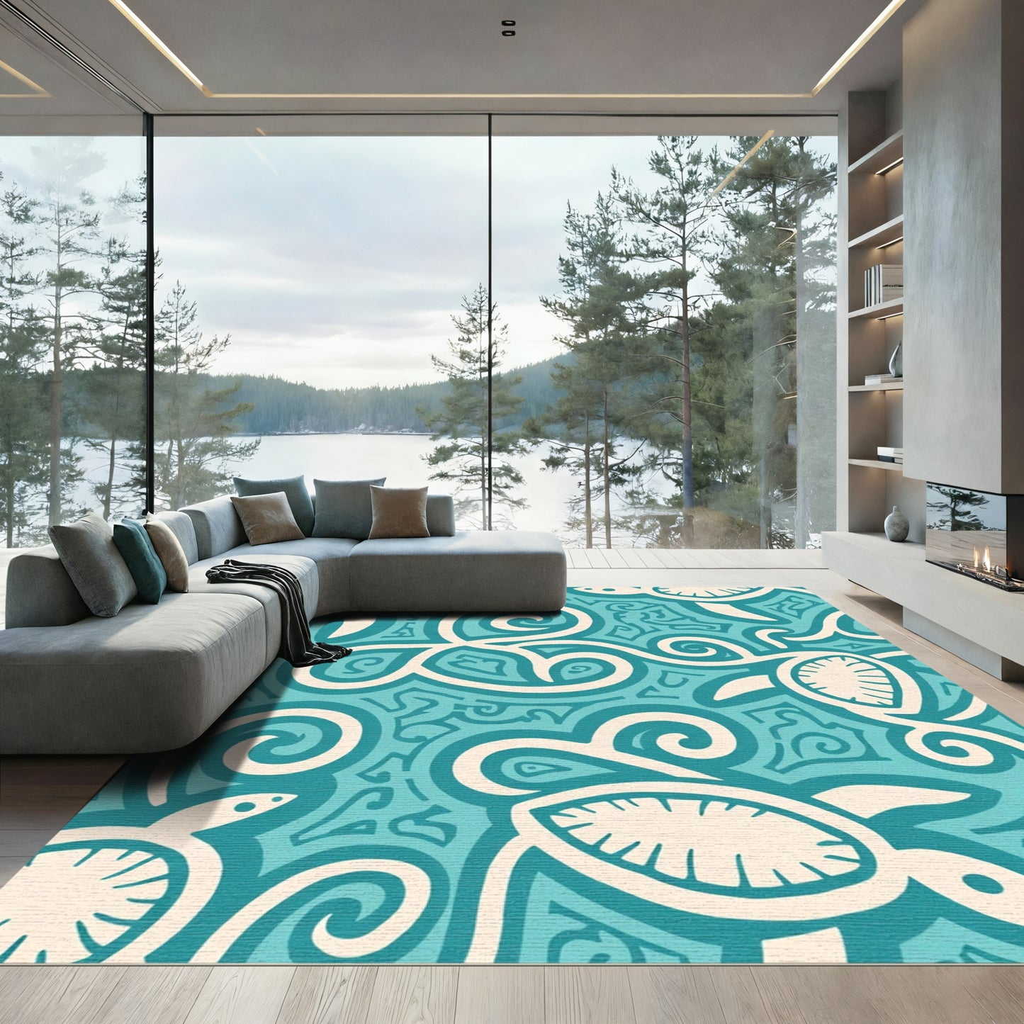 Teal Sea Turtle Swirls Abstraction Rug