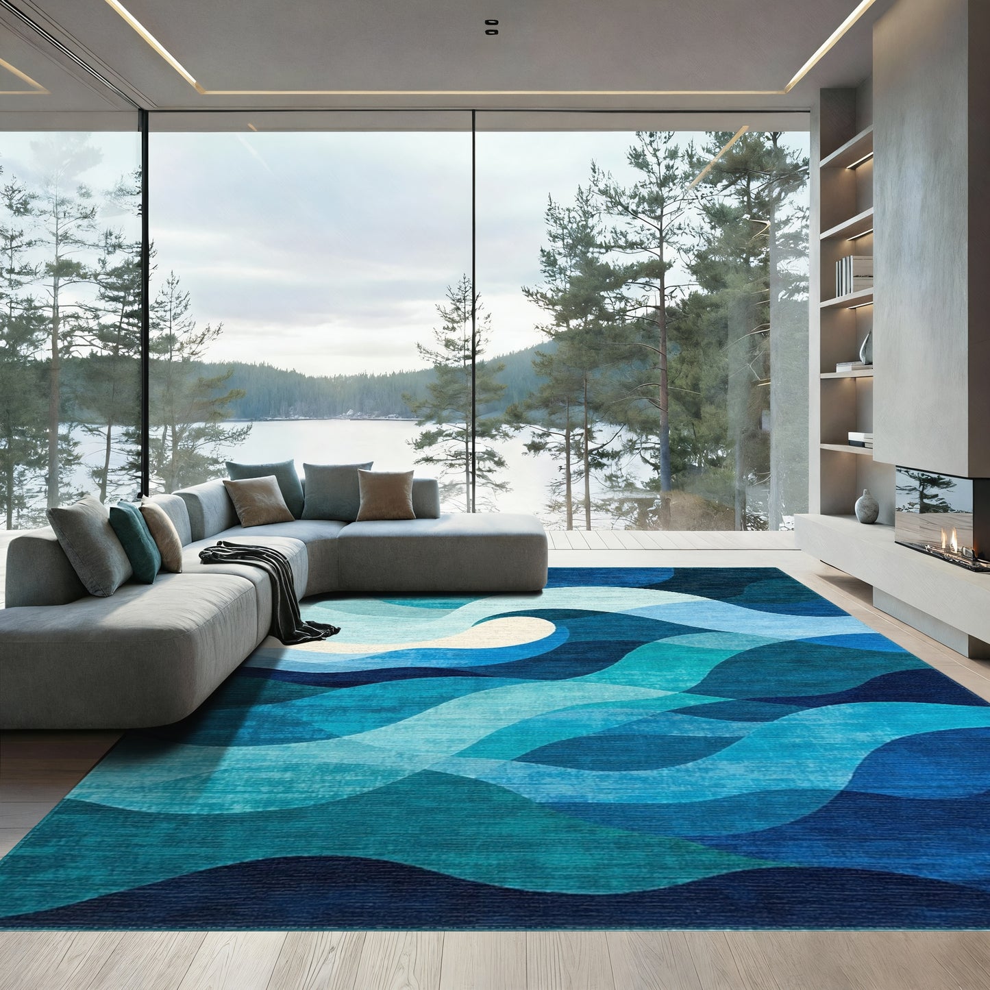 Teal Blue Layered Waves Rug