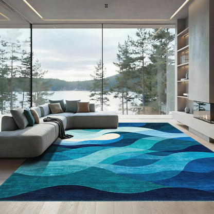 Teal Blue Layered Waves Rug