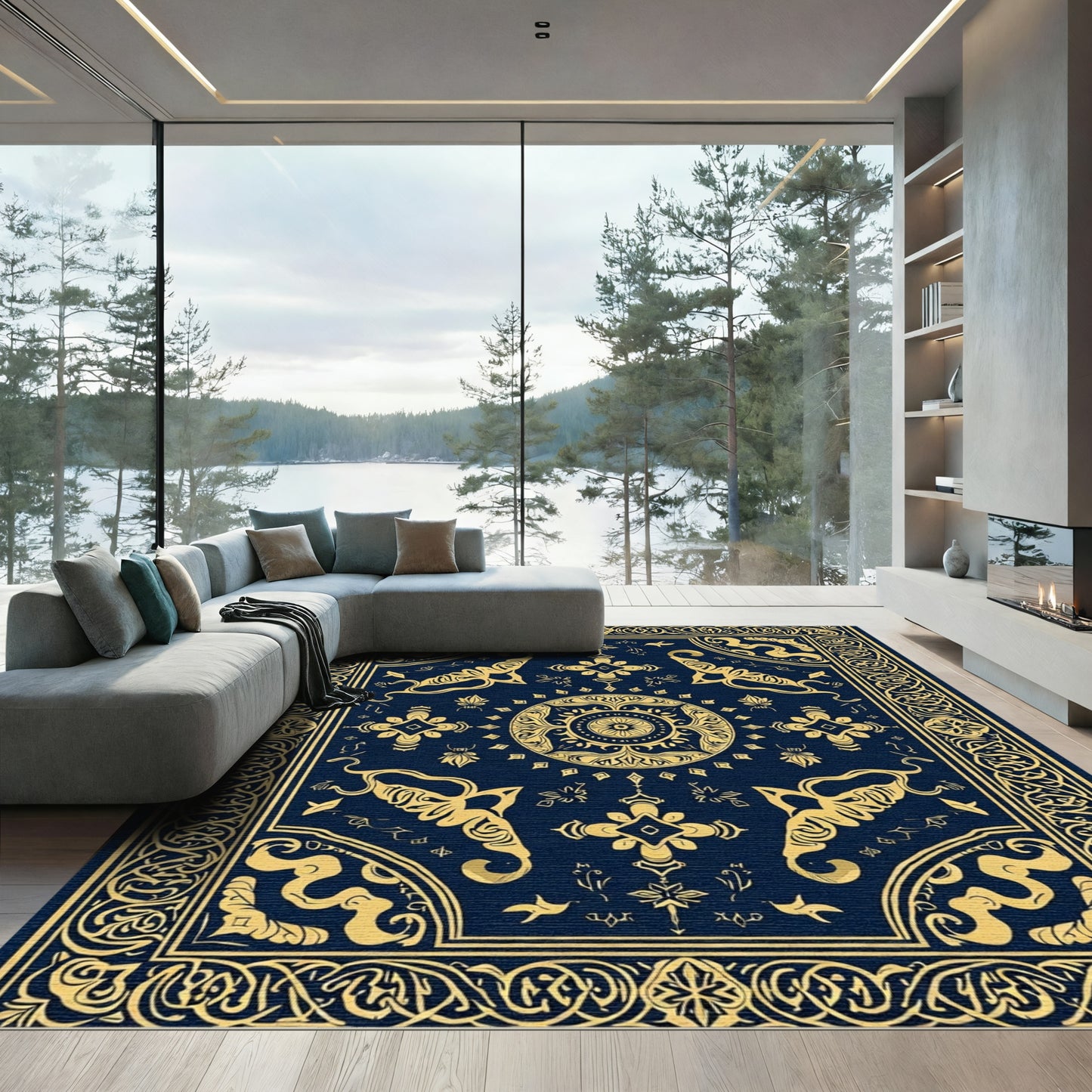 Ornate Gold Medallion Border Rug