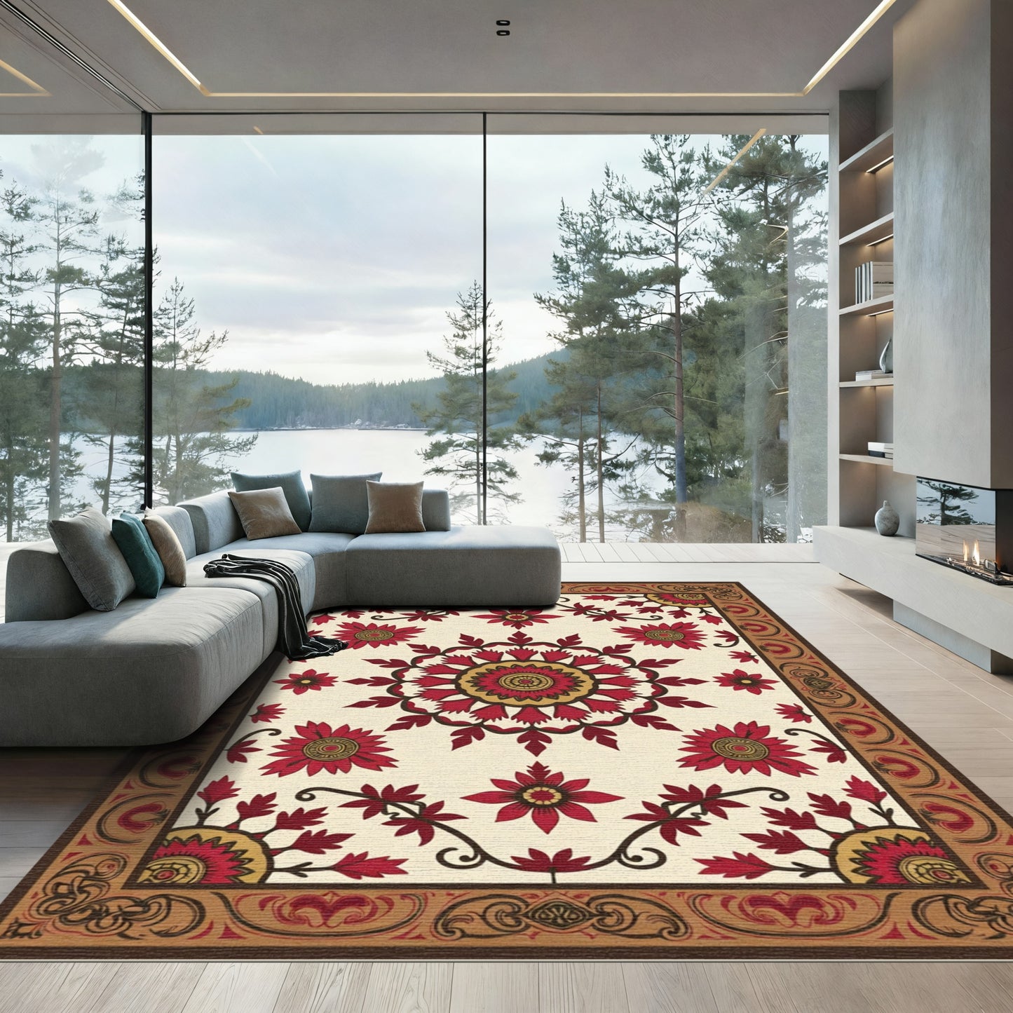 Rich Red And Gold Floral Field Rug