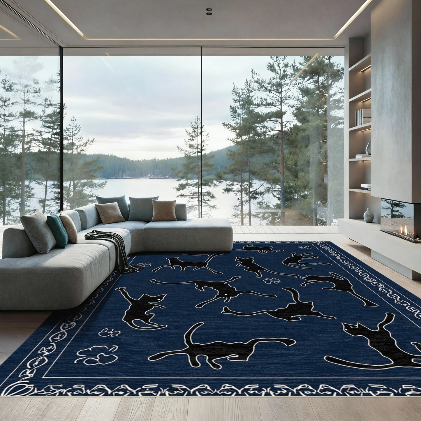 Playful Black Cats Navy Blue Border Rug