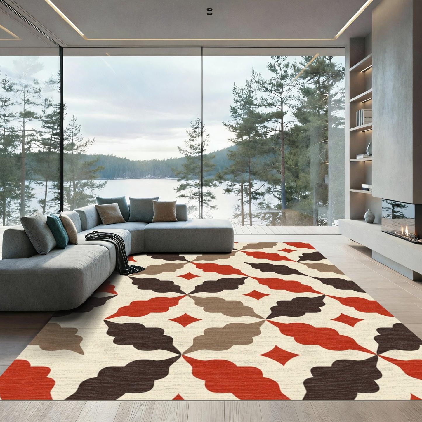 Crimson Brown Beige Diamond Medallion Rug