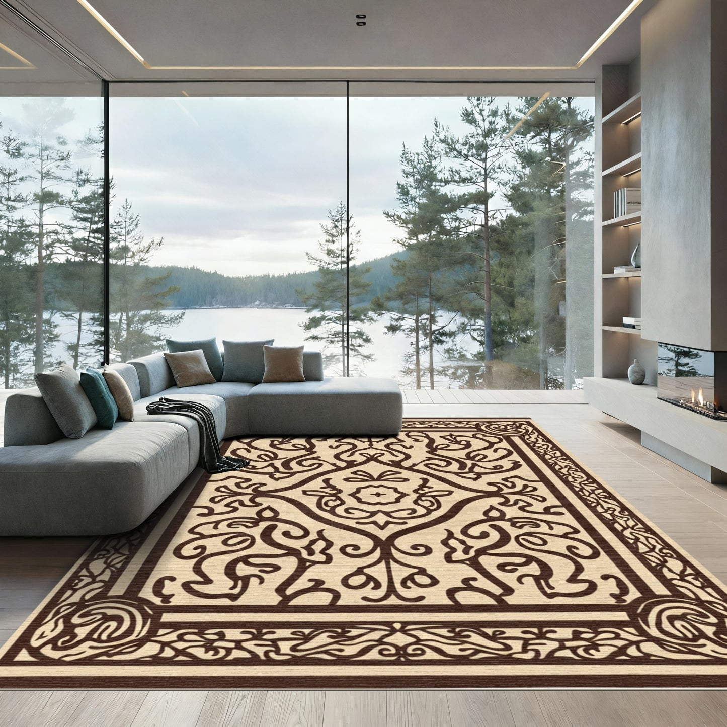 Brown Floral Medallion on Beige Background Rug