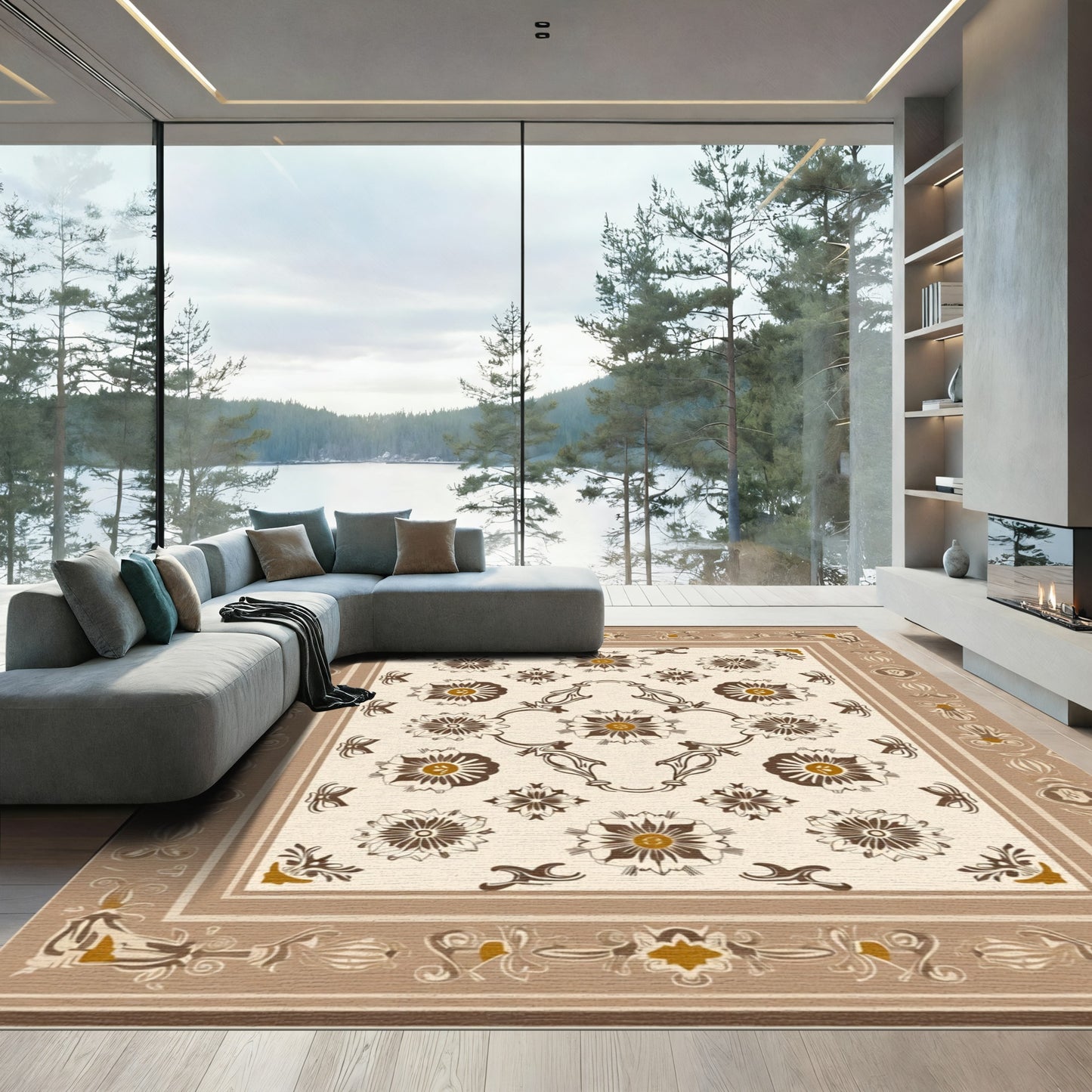 Brown Beige Floral Medallion Scrollwork Rug