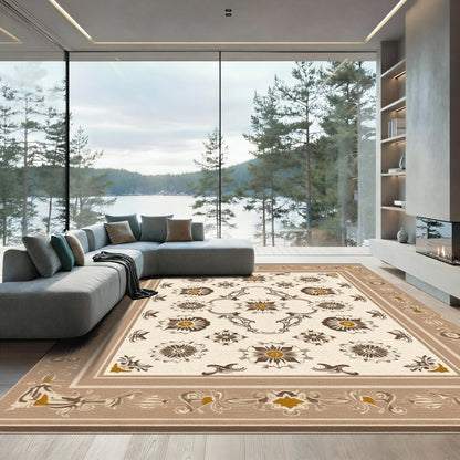 Brown Beige Floral Medallion Scrollwork Rug