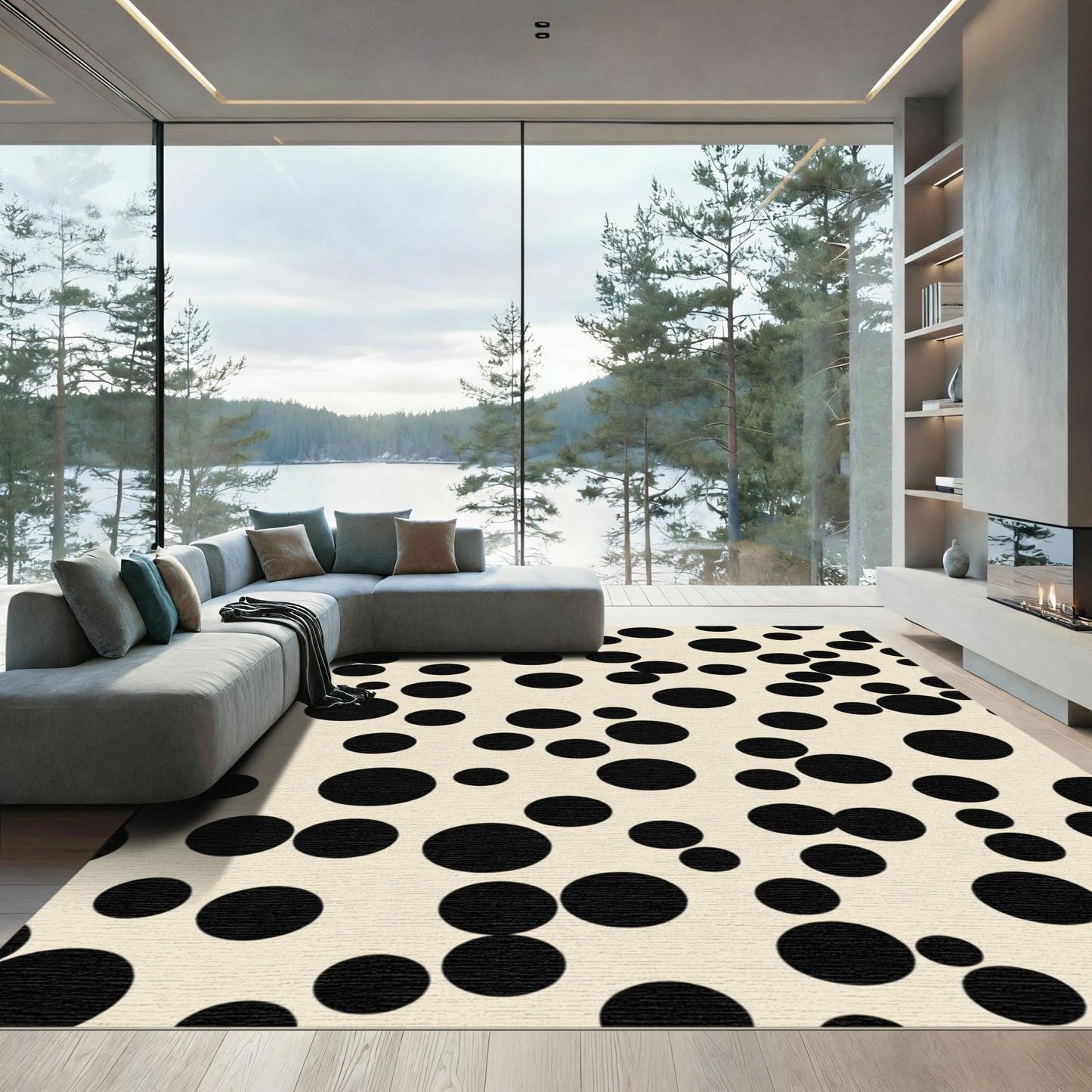 Cream Black Scattered Circles Rug