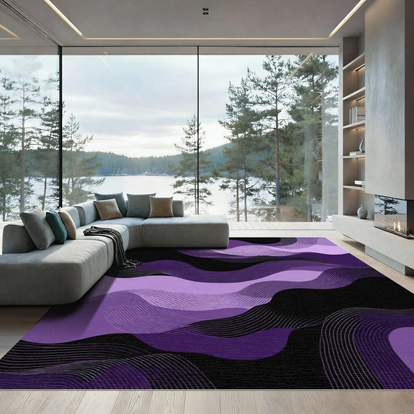 Deep Purple Abstract Wave Lines Rug