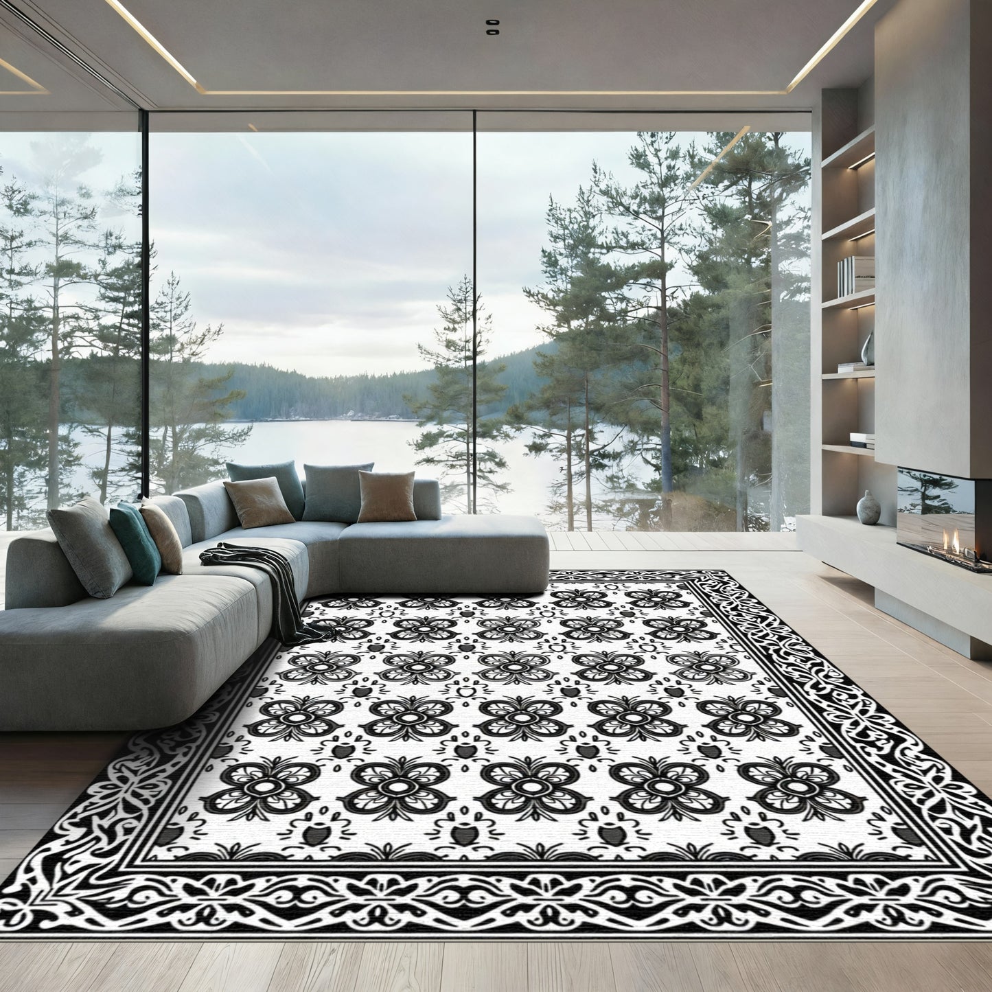 Monochromatic Floral Repeating Border Element Rug