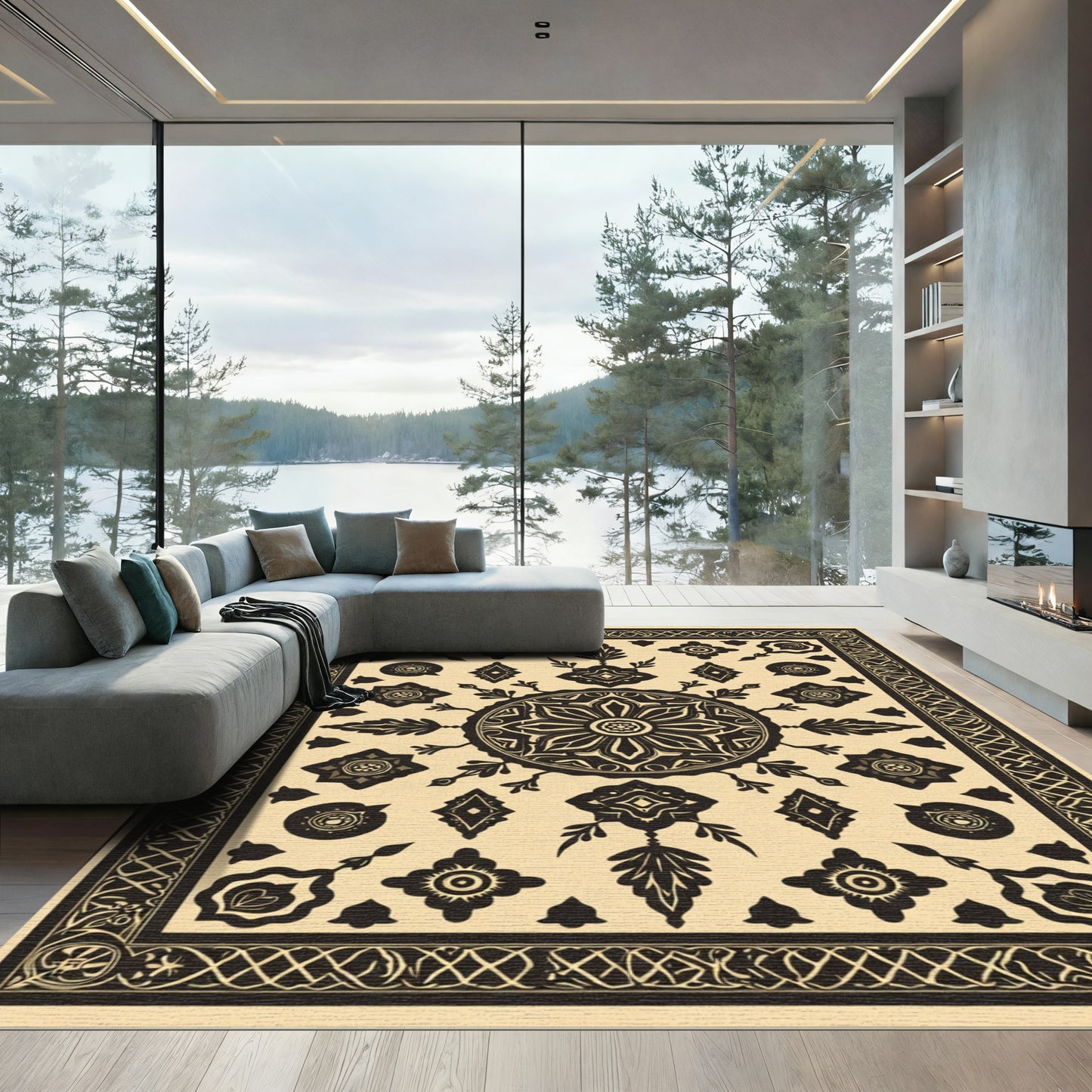 Art Deco Black Floral Mandala Rug