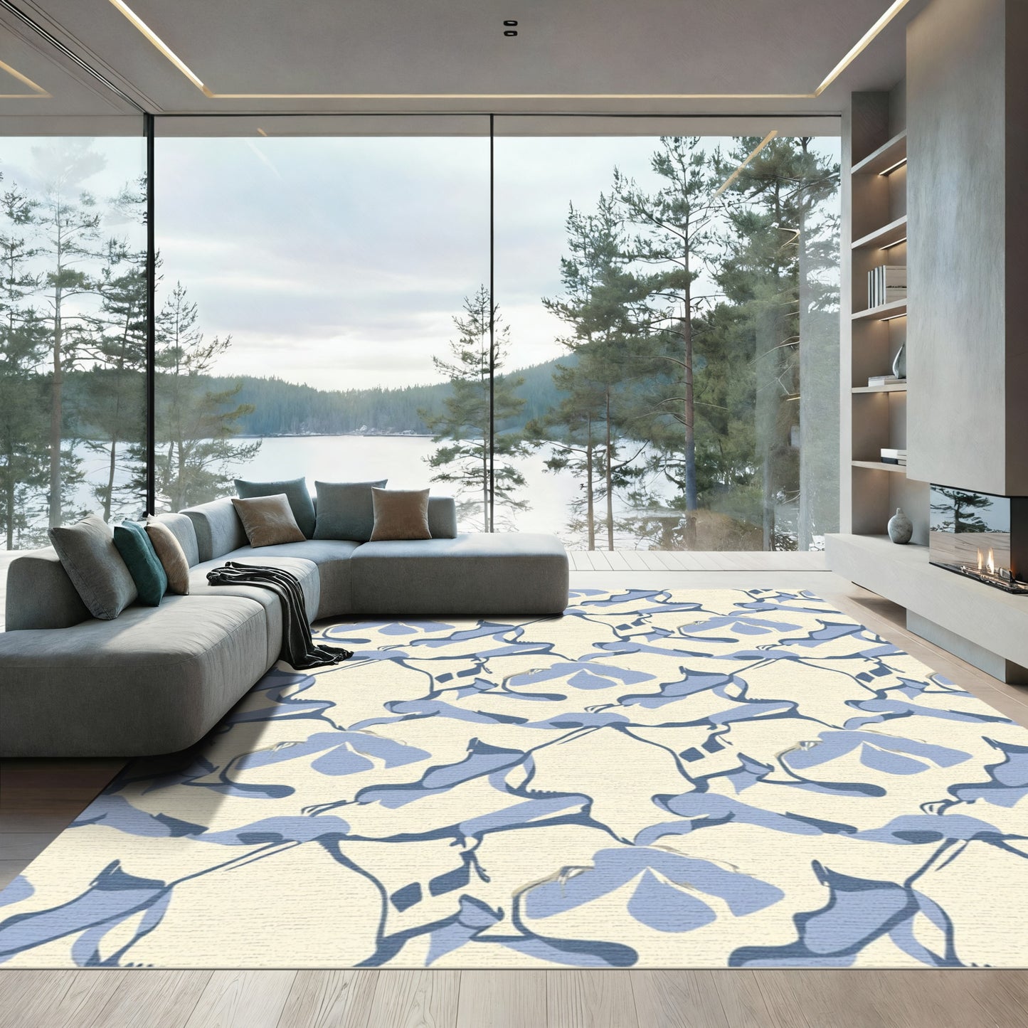 Light Blue Abstract Floral Swirl Rug
