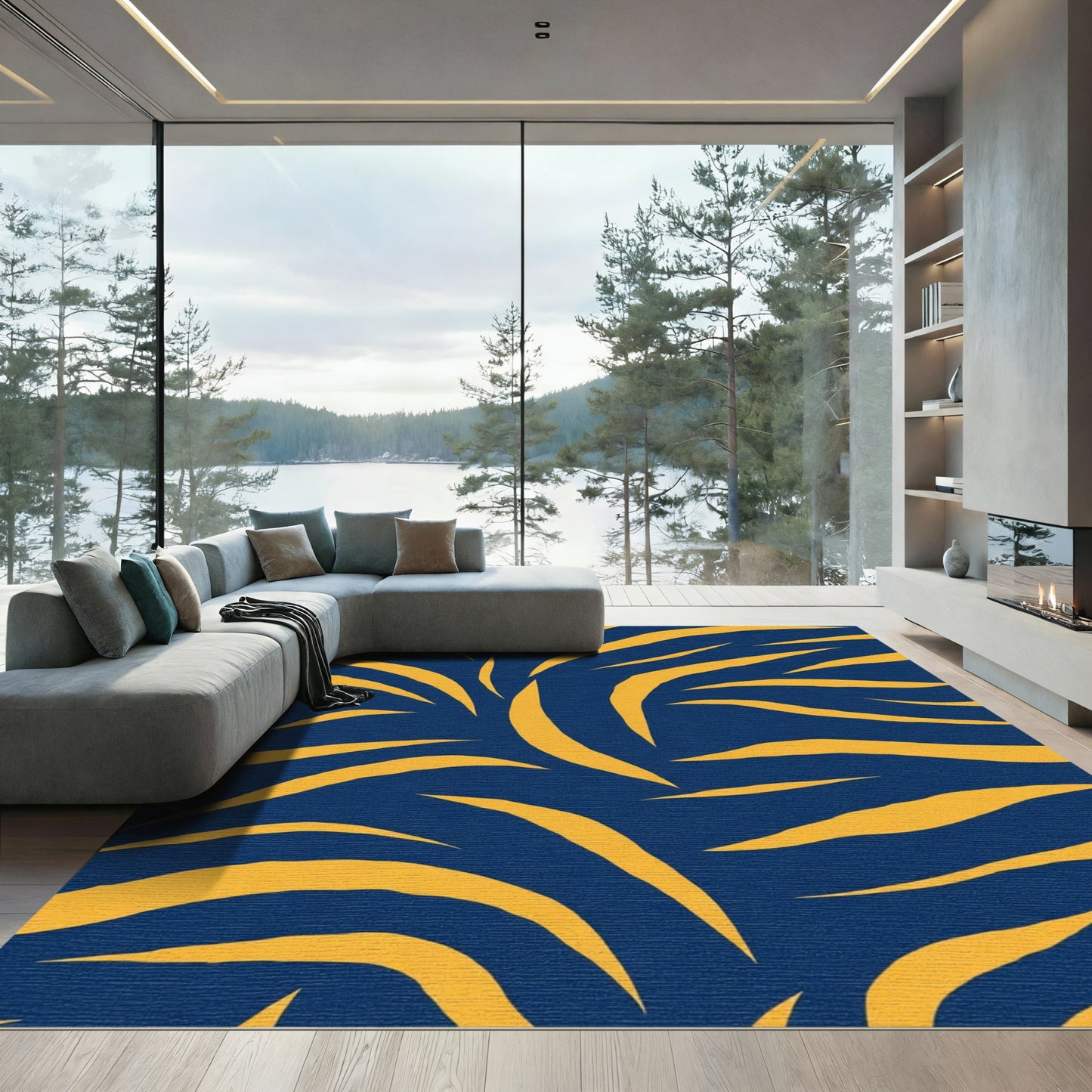 Deep Blue Golden Tiger Stripe Rug