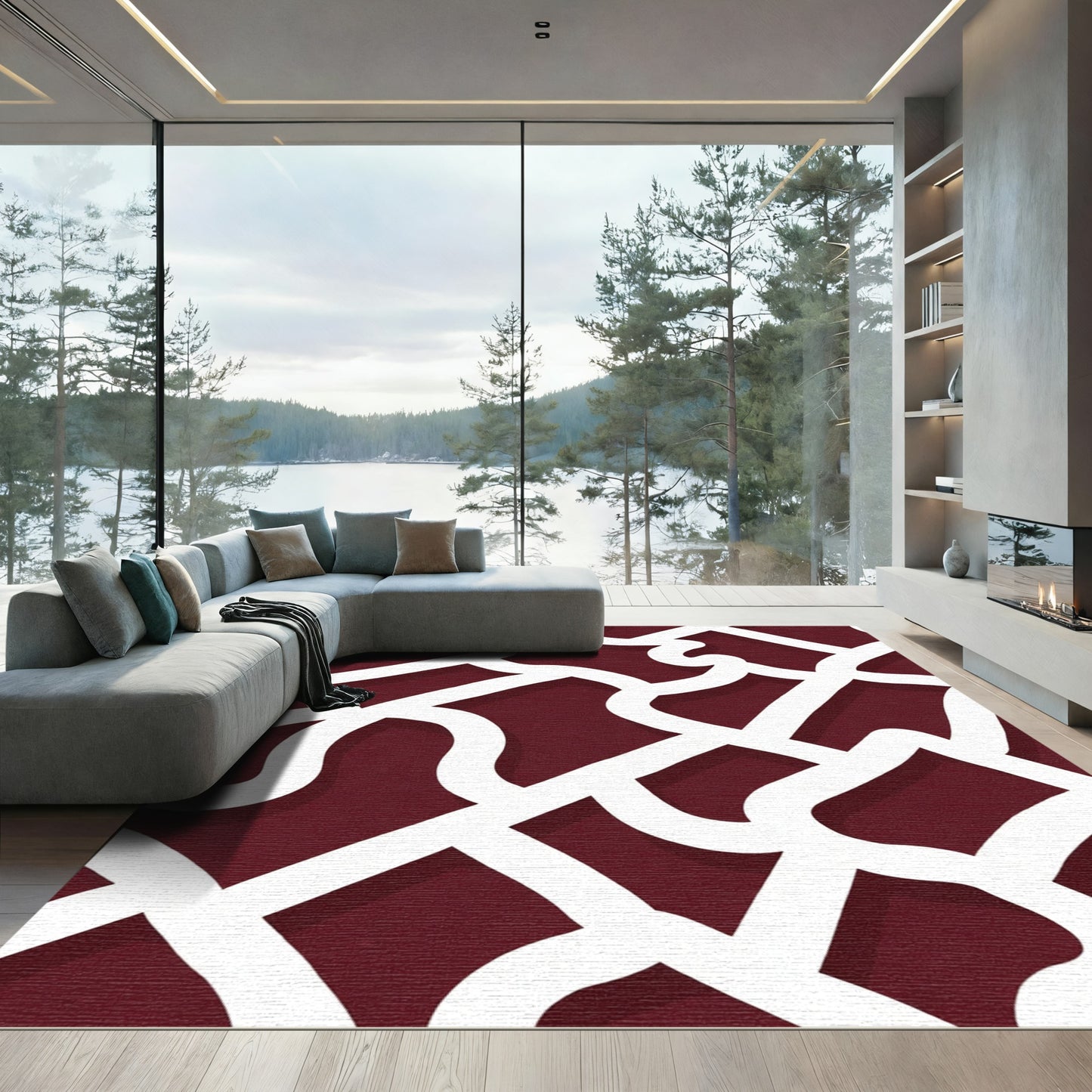 Crimson White Interlocking Curving Lines Rug