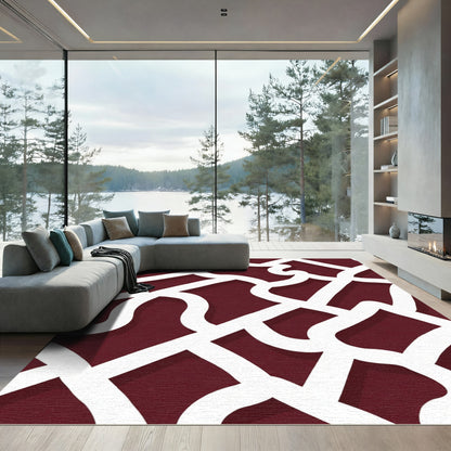 Crimson White Interlocking Curving Lines Rug