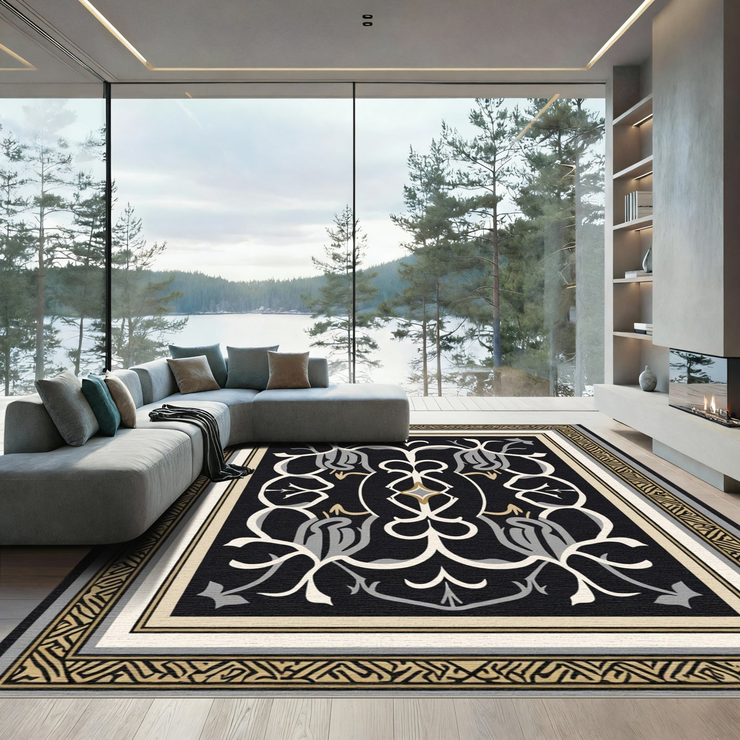 Black Cream Golden Arabesque Scroll Rug