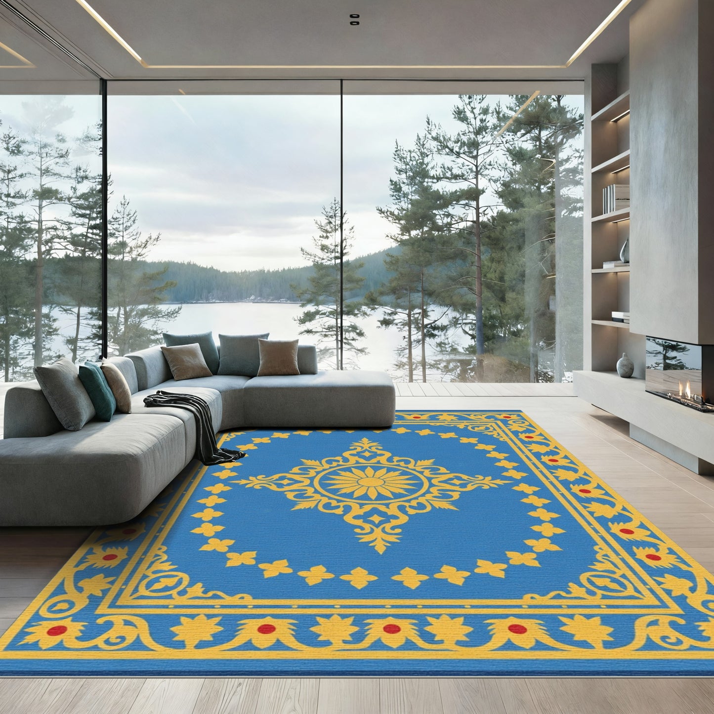 Blue Yellow Floral Medallion Border Rug