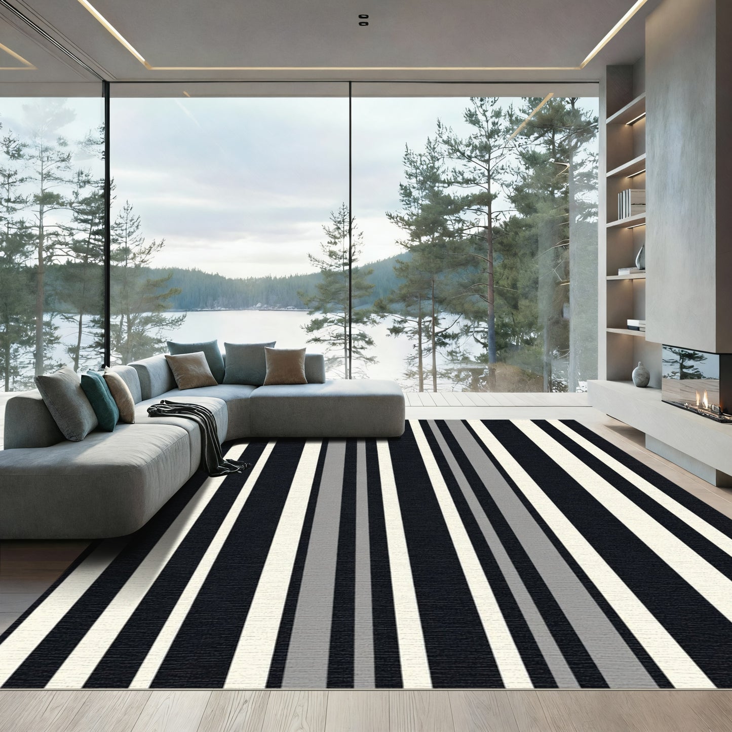 Modern Black Cream Gray Stripes Rug