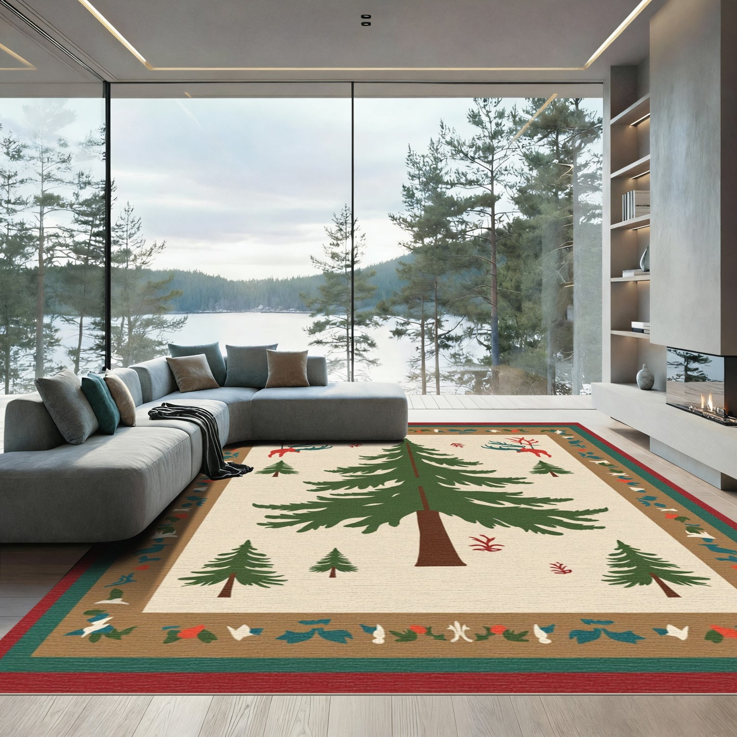 Winter Forest Scene Pine Trees Reindeer Rug