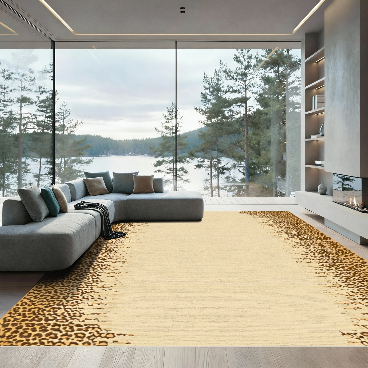 Golden Leopard Print Fading Border Rug