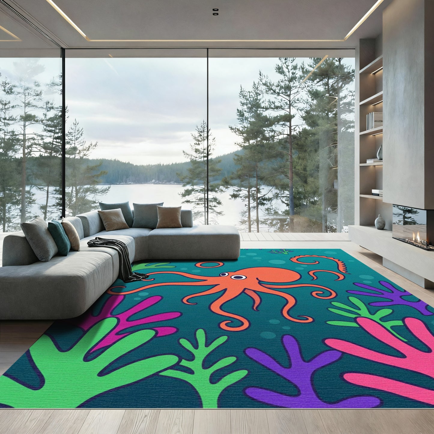 Orange Octopus Coral Reef Whimsy Rug