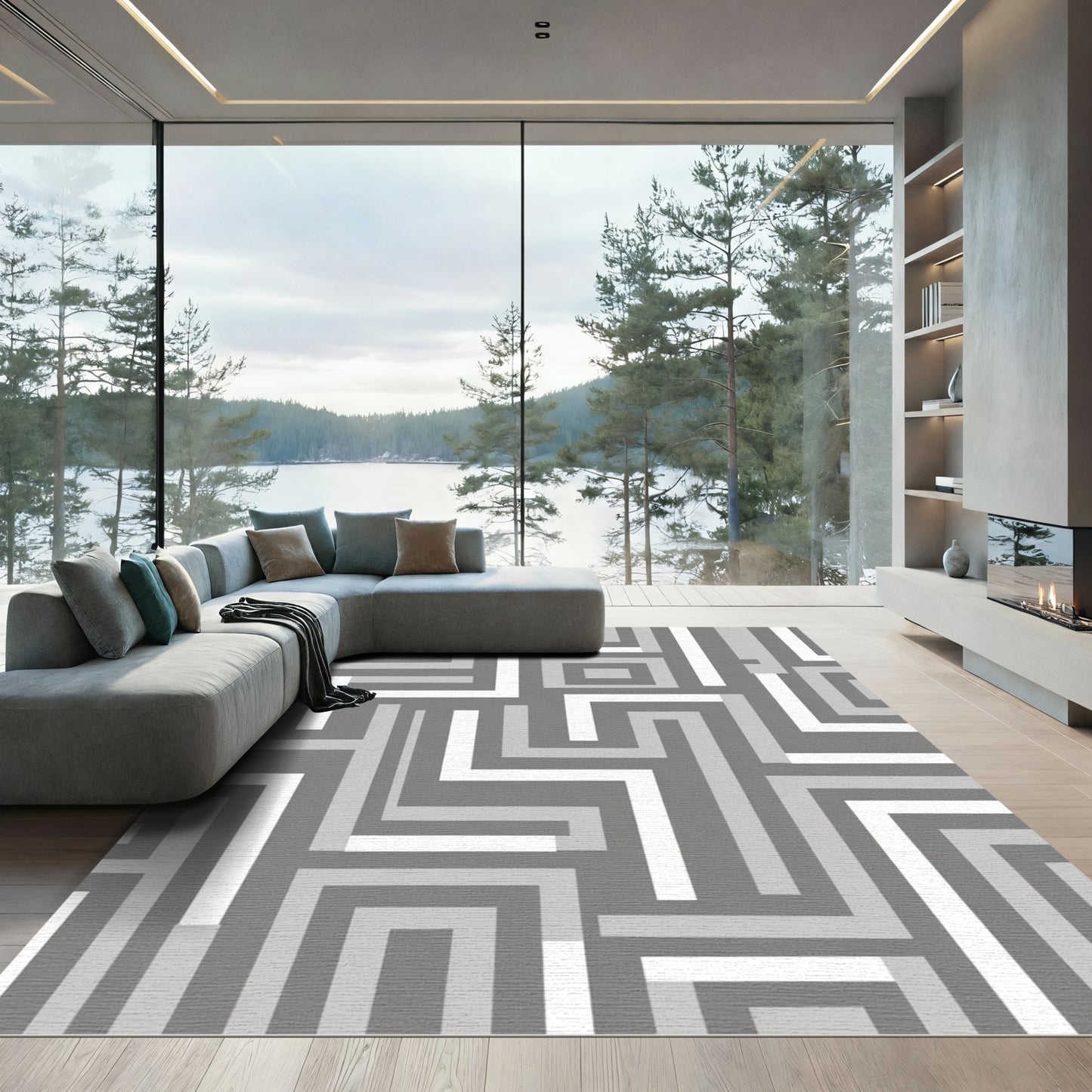 Modern Gray Abstract Geometric Square Rug