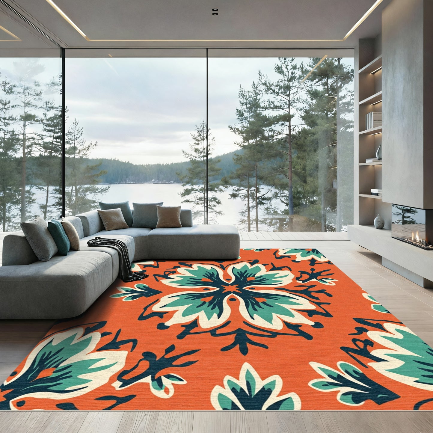 Bold Orange Teal Floral Mandala Rug