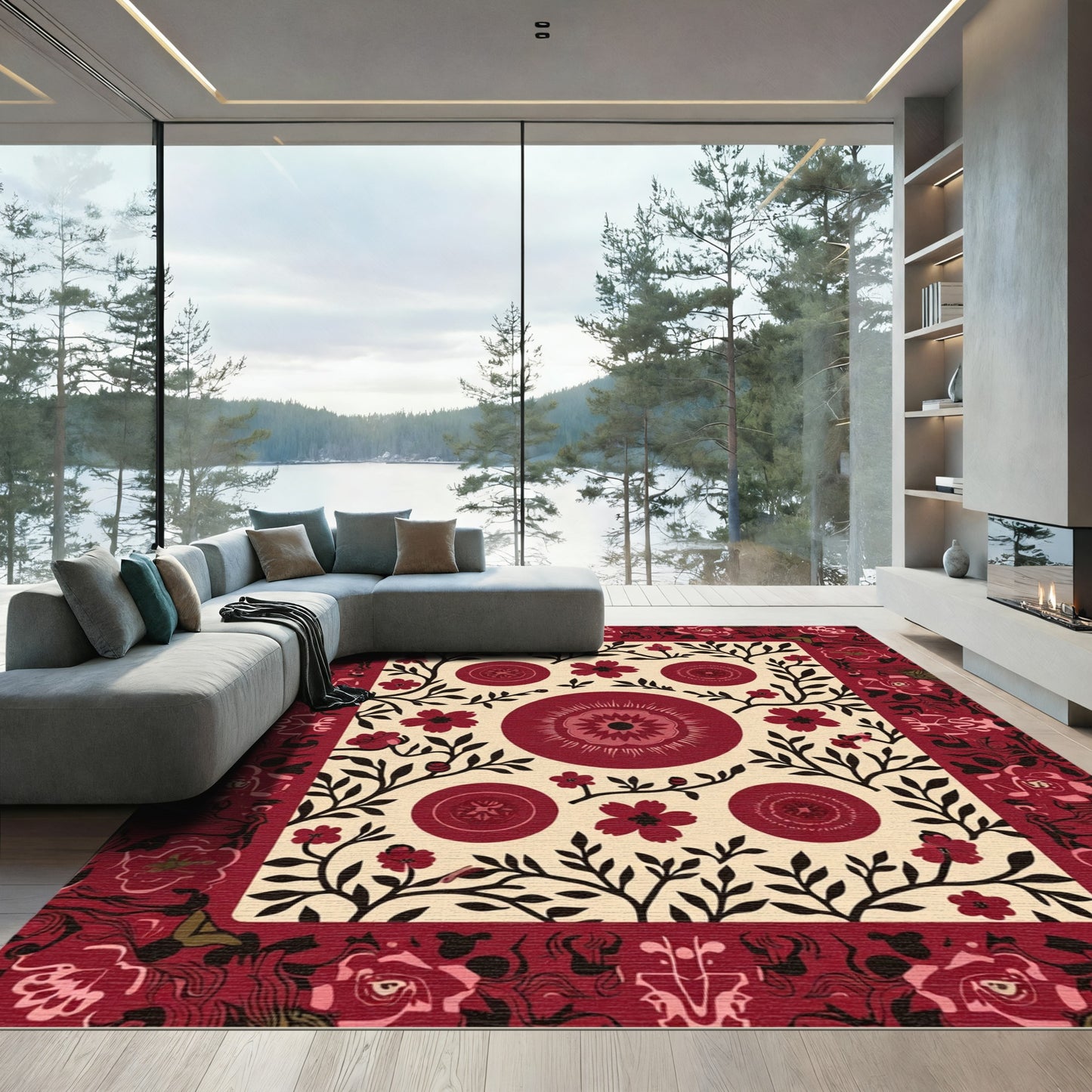 Crimson Floral Medallion Botanical Rug