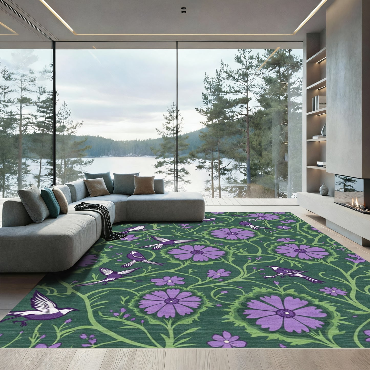 Purple Floral Birds Vine Emerald Rug