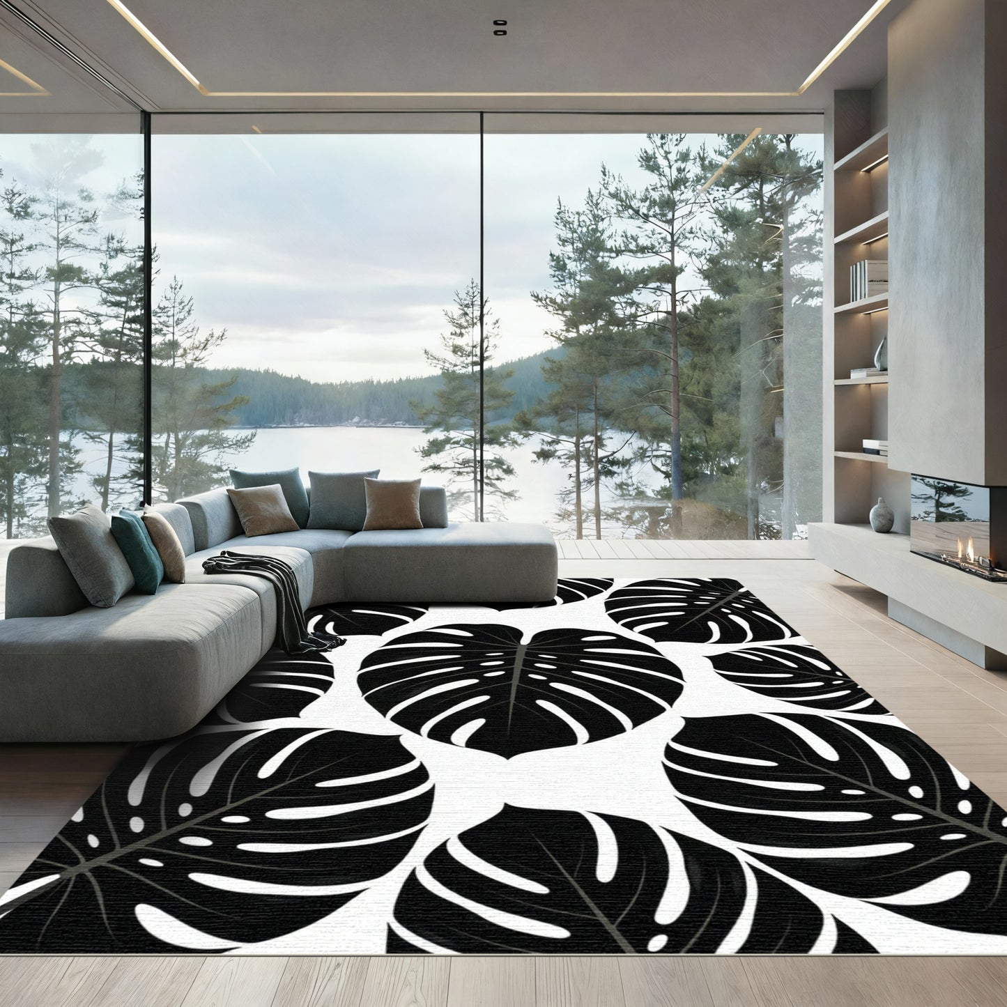 Bold Black Tropical Leaf Collage Rug