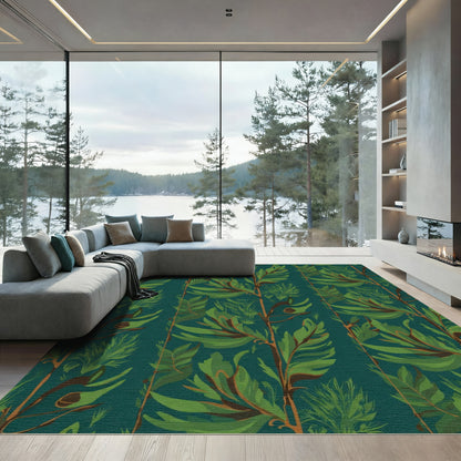 Deep Teal Lush Green Botanical Vertical Rug