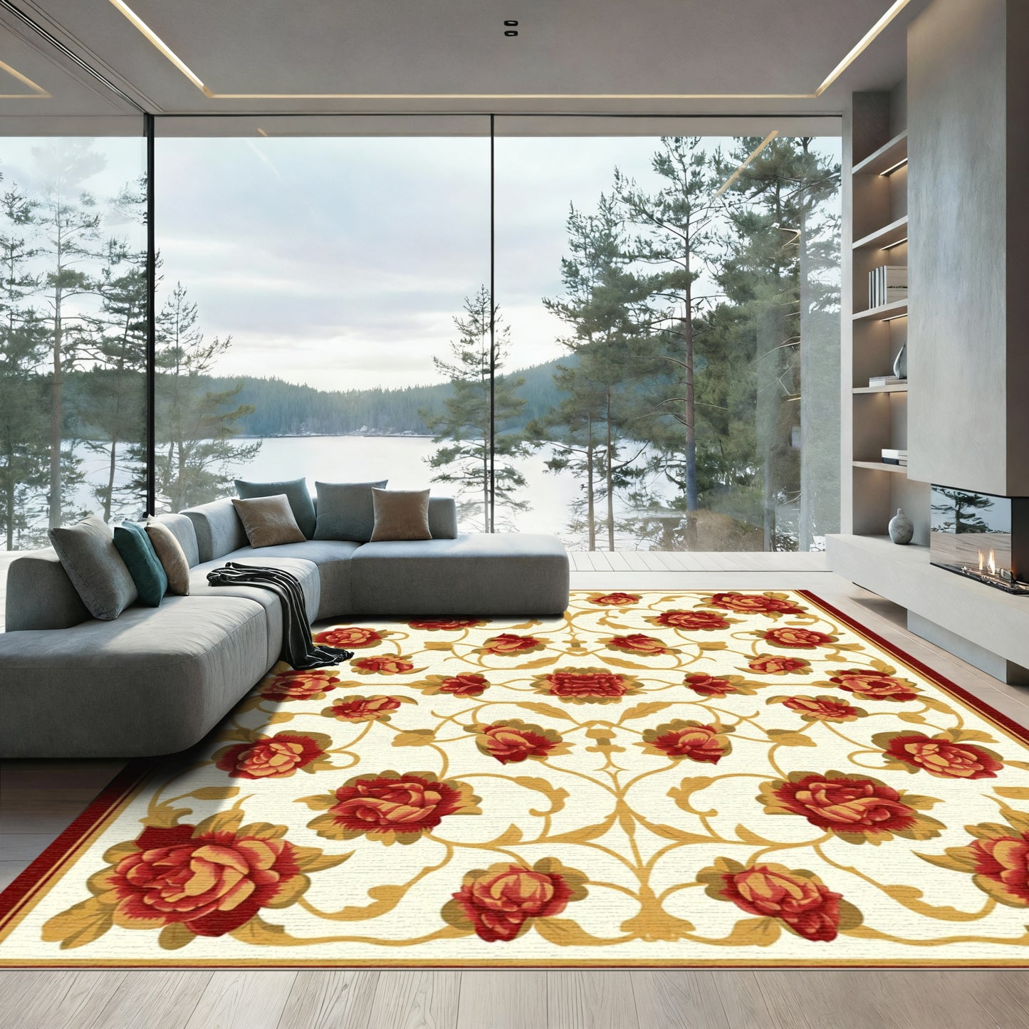Crimson Golden Floral Scroll Rug