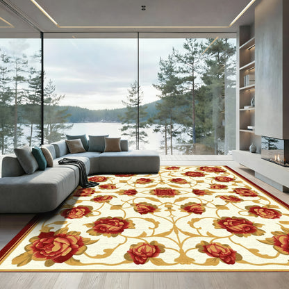 Crimson Golden Floral Scroll Rug