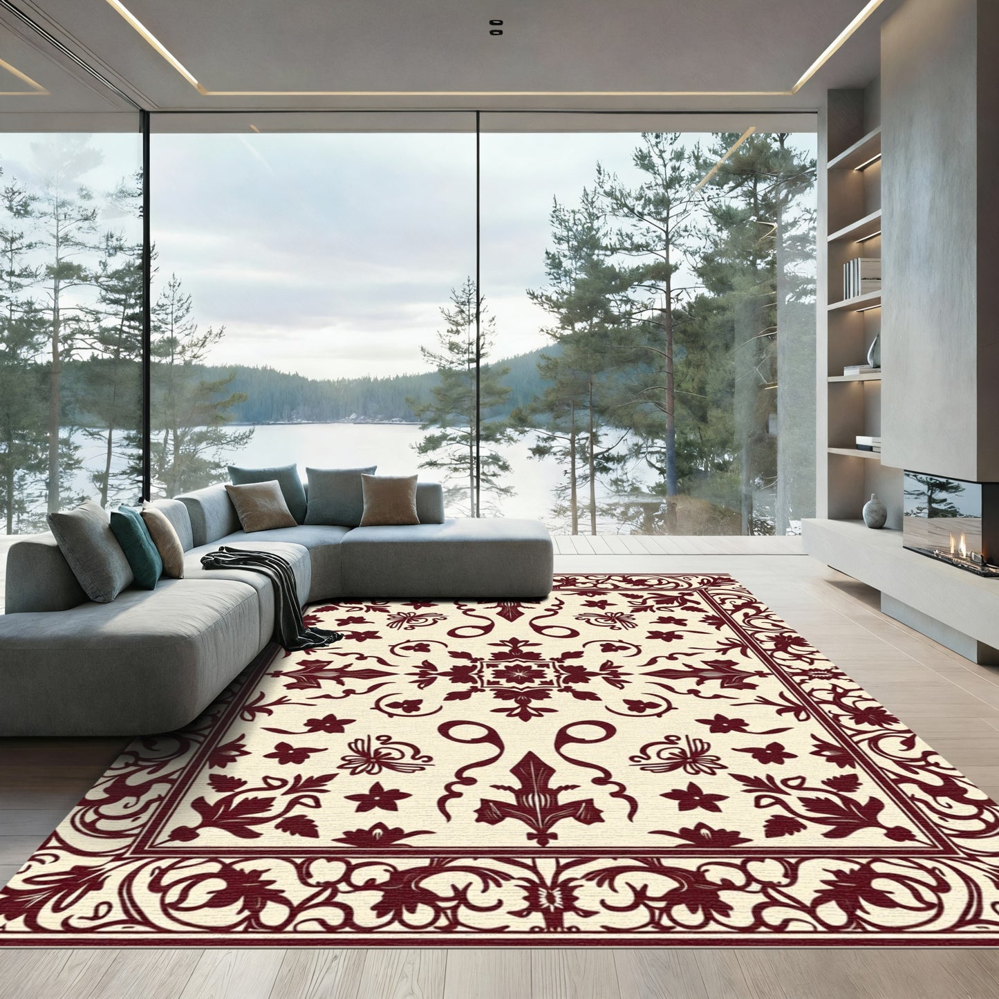Crimson Floral Scroll Medallion Rug
