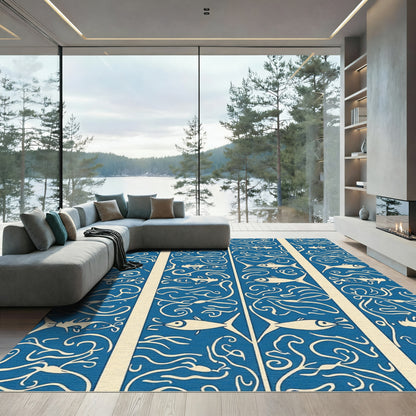 Marine Blue Ivory Fish Swirls Rug