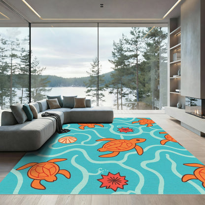 Orange Turtles Ocean Waves Rug