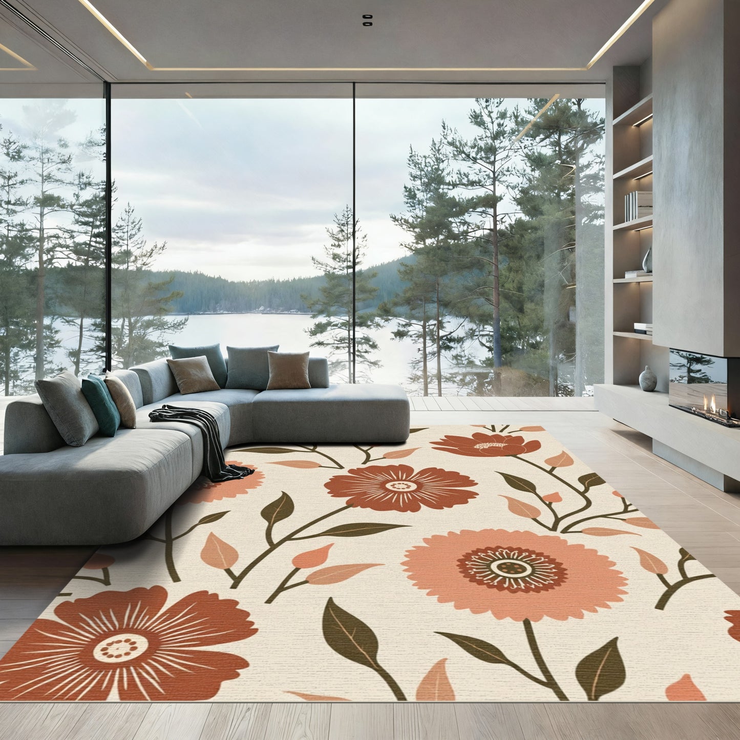 Earthy Amber Floral Botanical Arrangement Rug