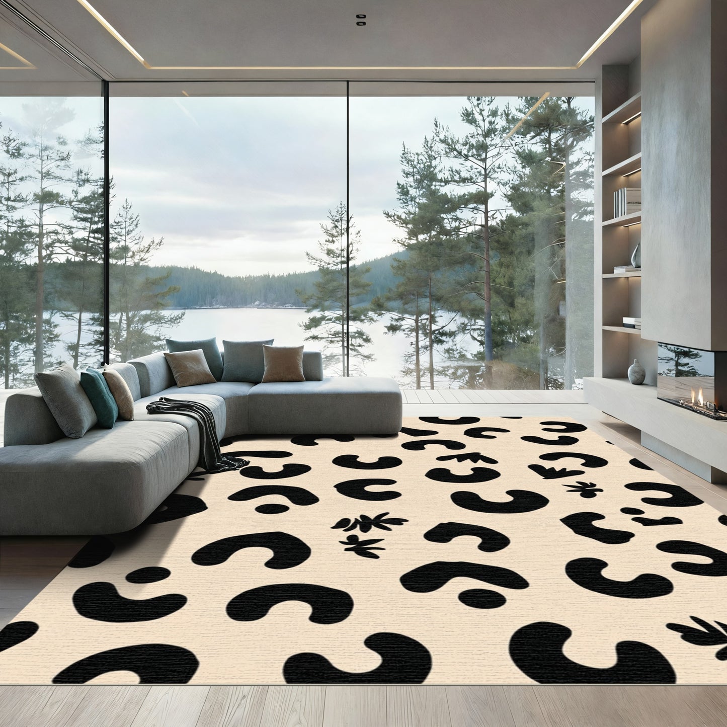 Neutral Black Abstract Spots Flora Rug