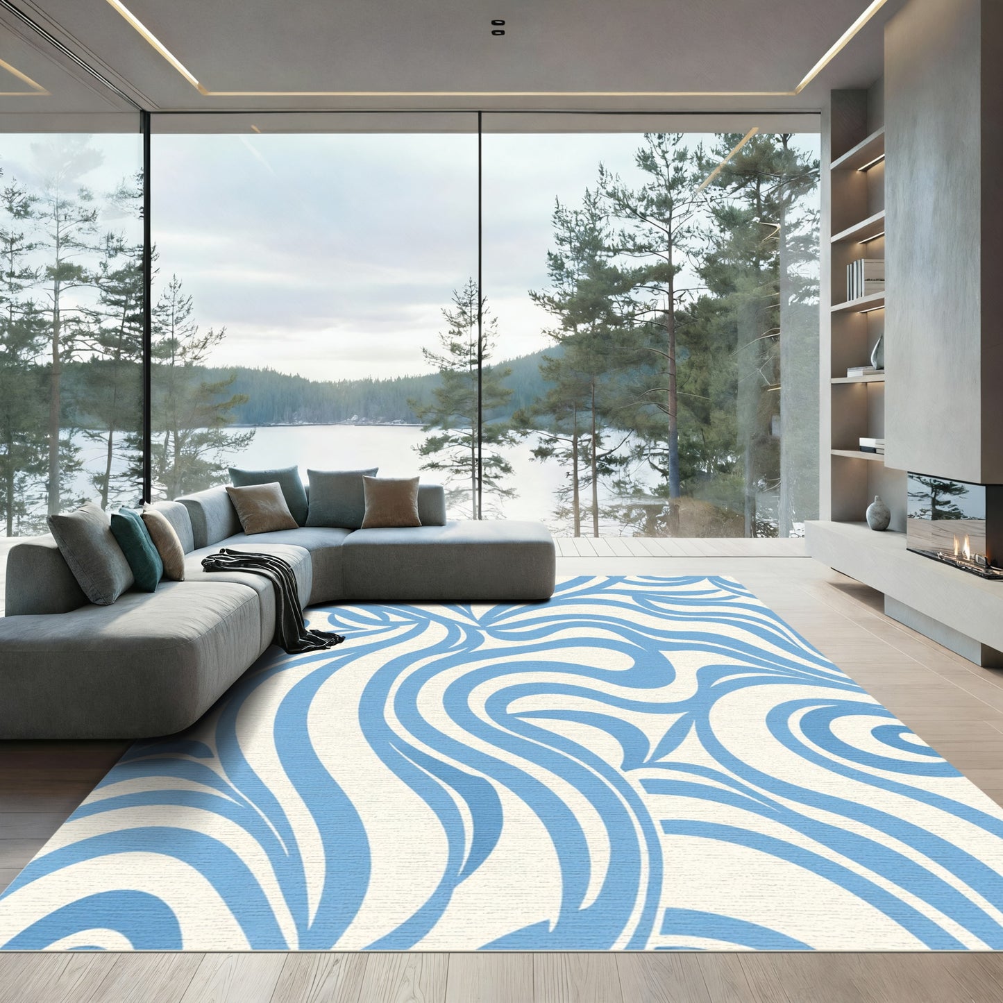 Soft Sky Blue Swirl Flow Rug